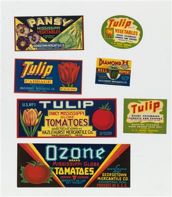 DESIGNERS UNKNOWN. [VEGETABLE CRATE LABELS.] Hundreds of labels. Circa 1920. Sizes vary.